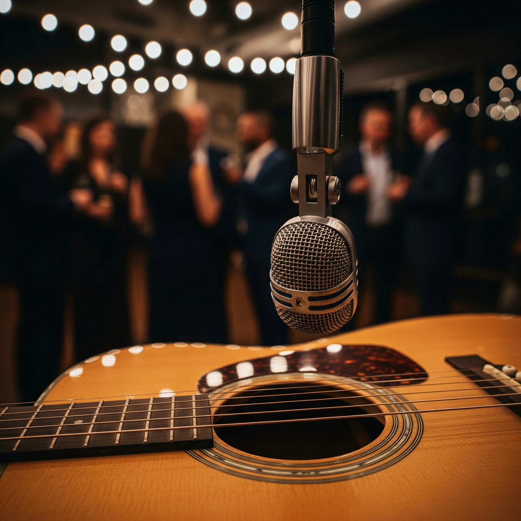 Microfone e violão em destaque, representando a música para eventos de networking.